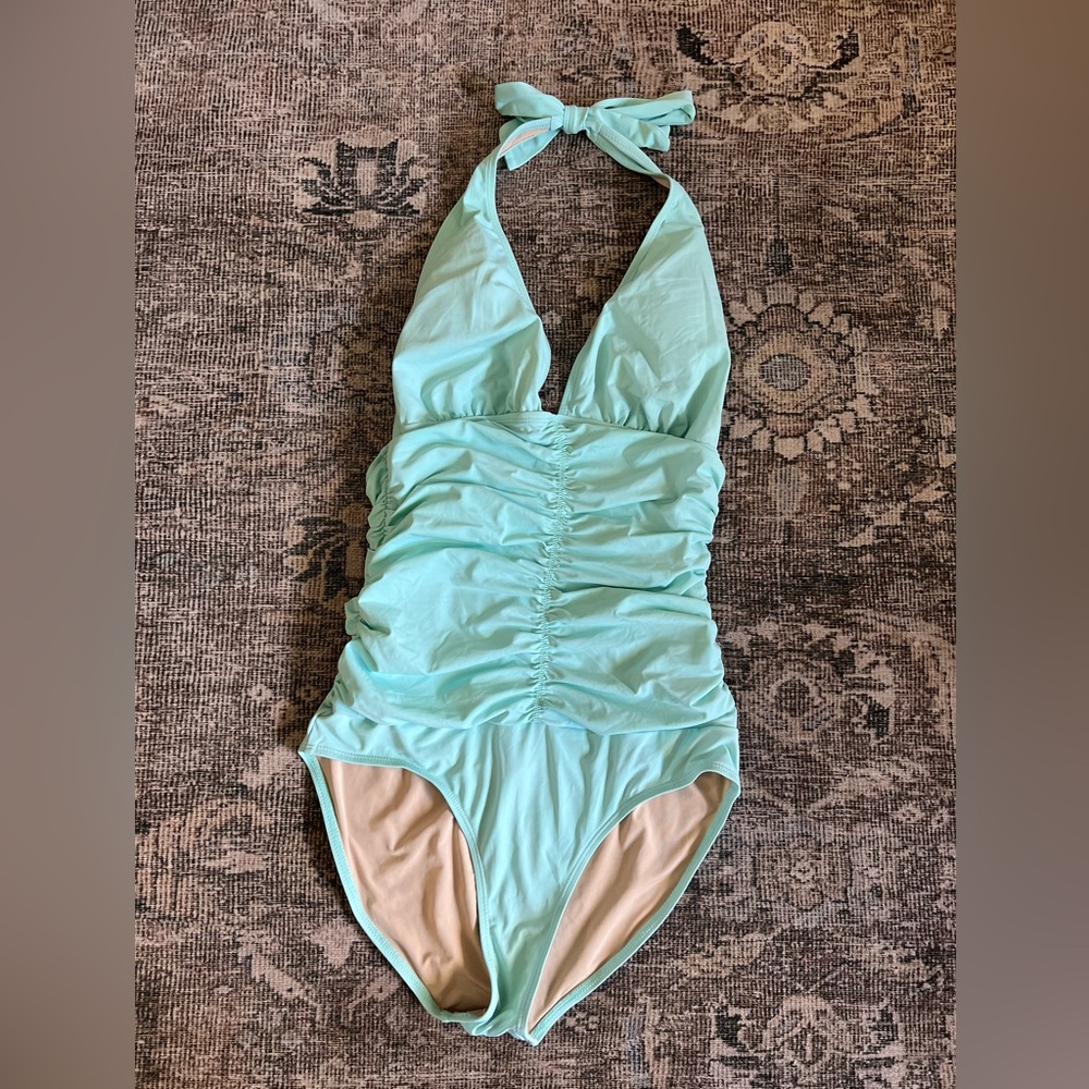 Tart Swim rouche blue green halter one-piece Small